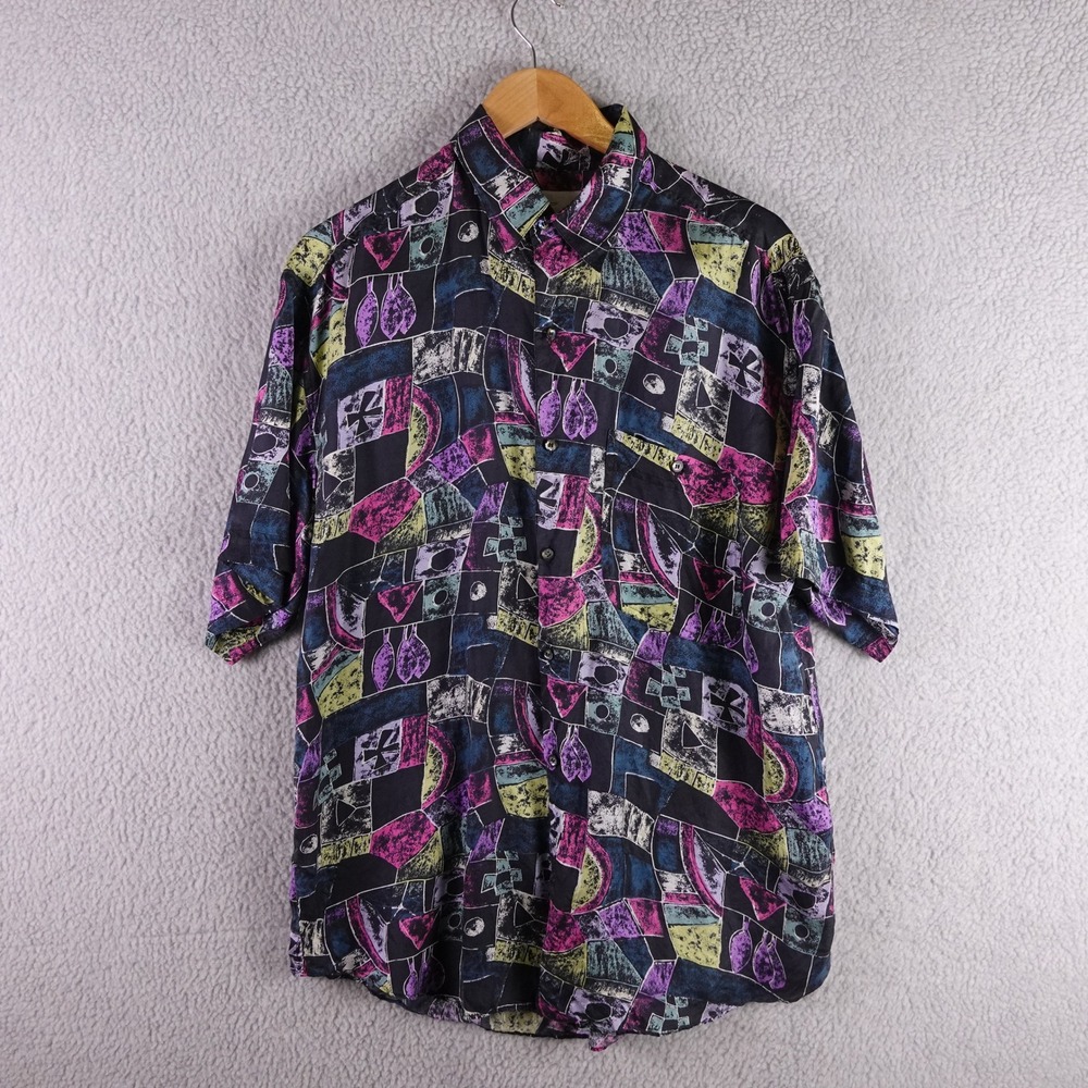Vintage Goouch Mens Medium 100% Silk Abstract Geometric Short Sleeve Shirt Black